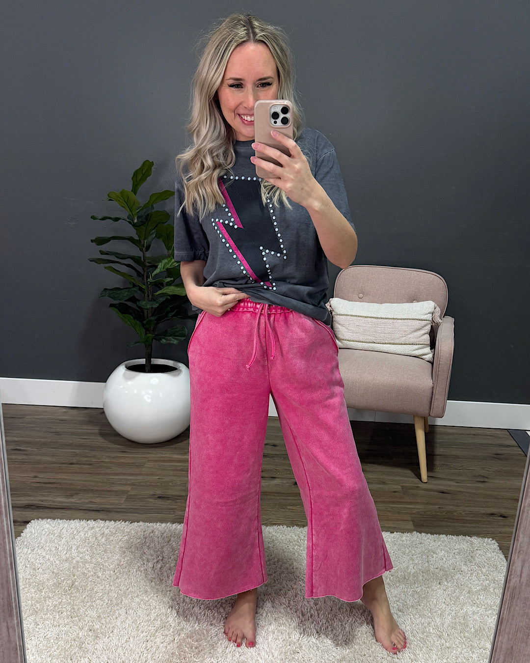 Cropped Wide Leg Comfy Pants - Hot Pink Zenana