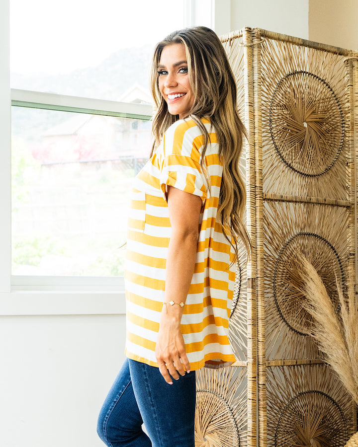 Jenna Stripe Boyfriend V Neck Top - Mustard FINAL SALE Sew In Love