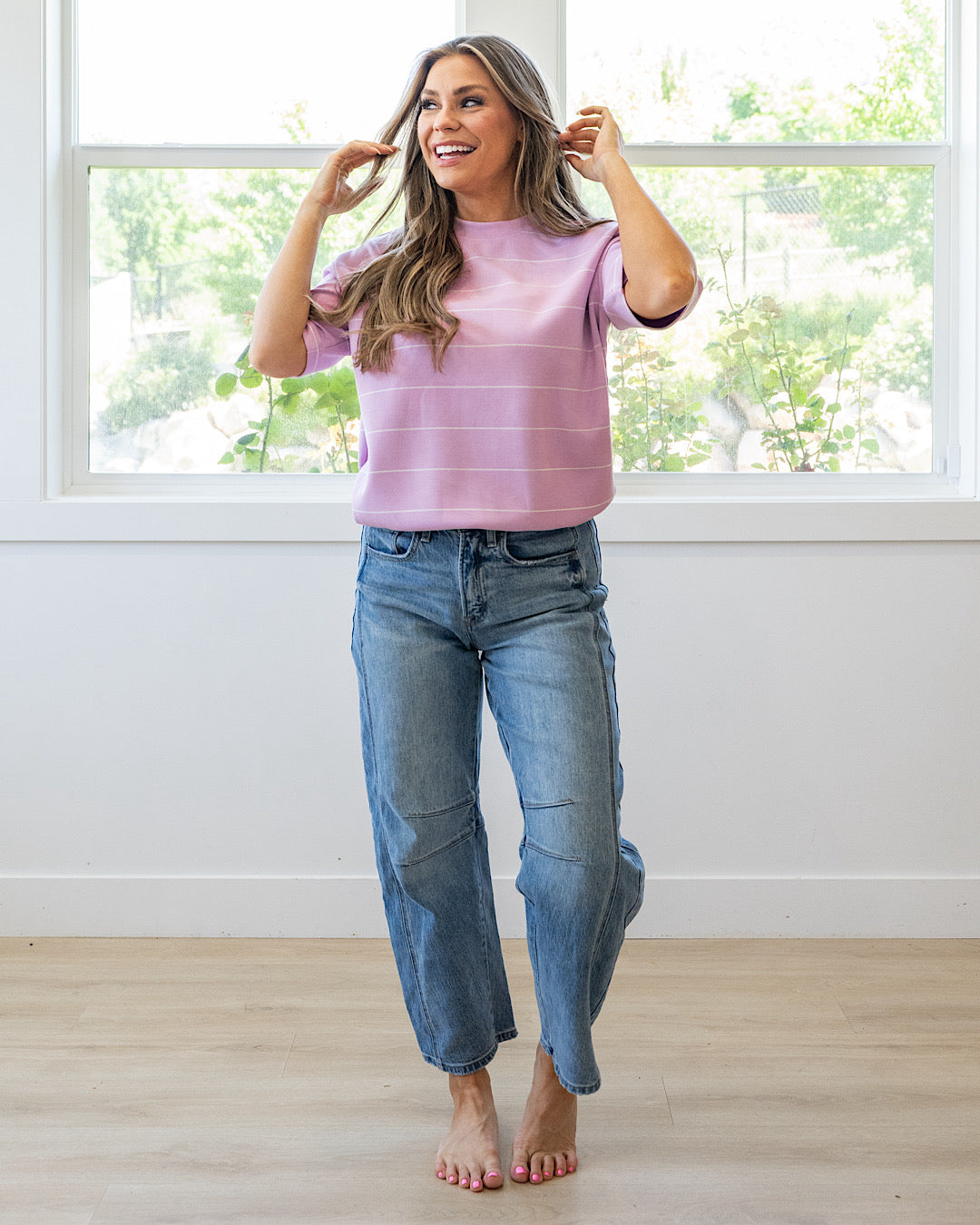 NEW! Macey Scuba Fabric Striped Top - Blossom & Cream