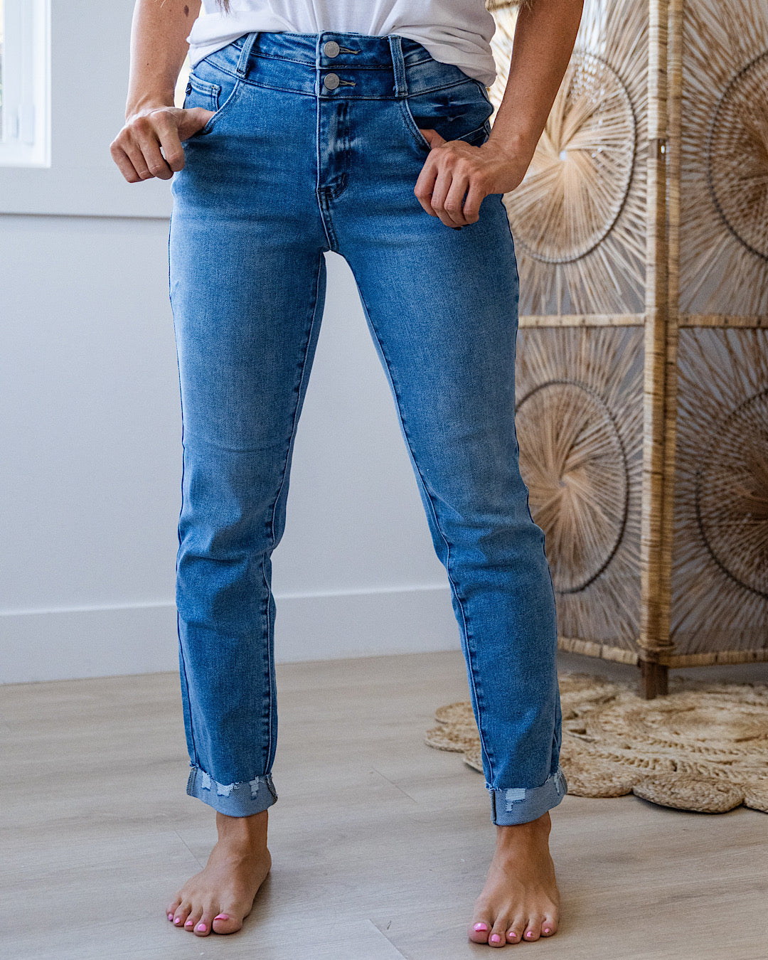 KanCan Victoria Double Button Roll Hem Straight Jeans KanCan