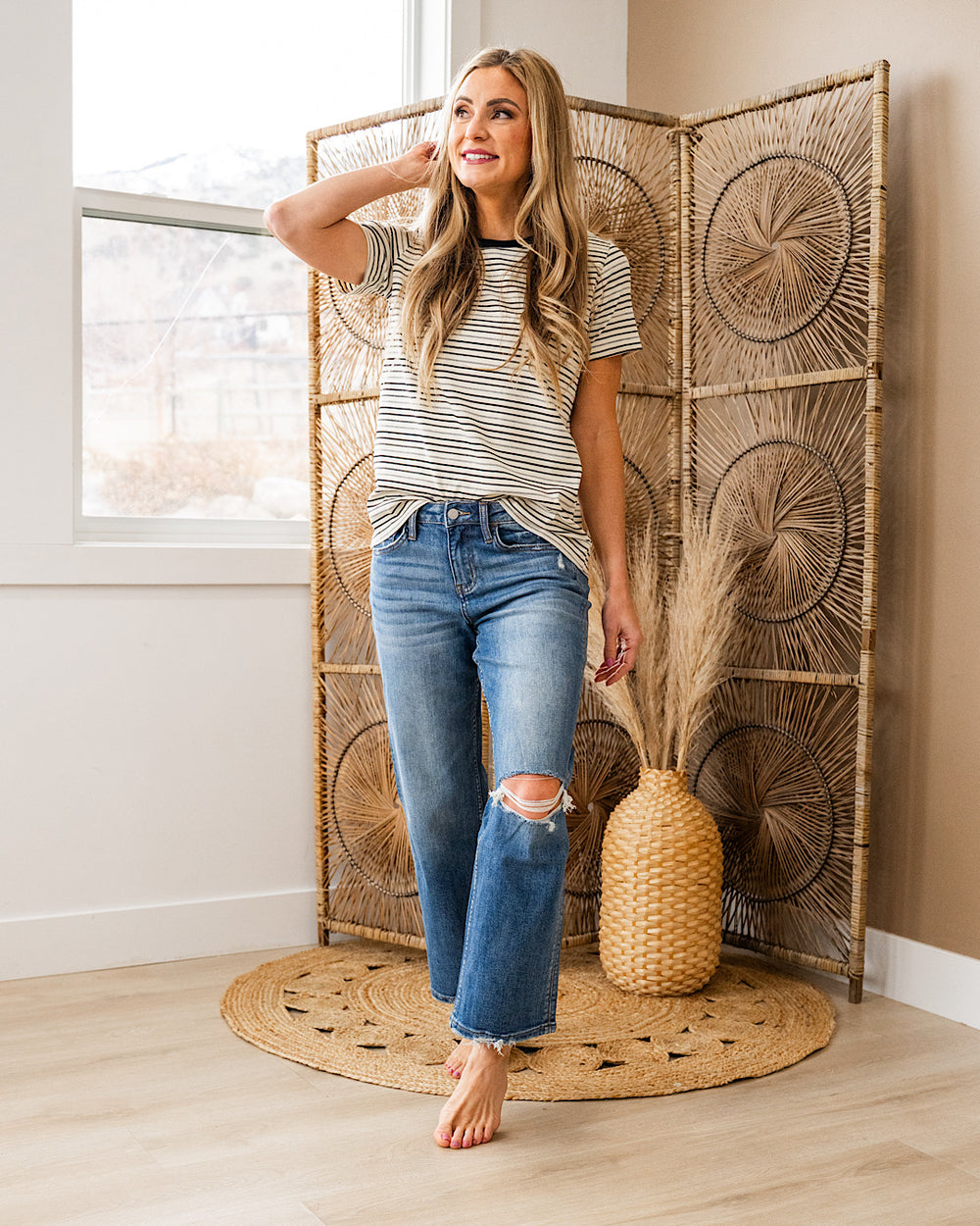 NEW! Adalyn Striped Short Sleeve Top - Black, Gray and Cream Tea N Rose