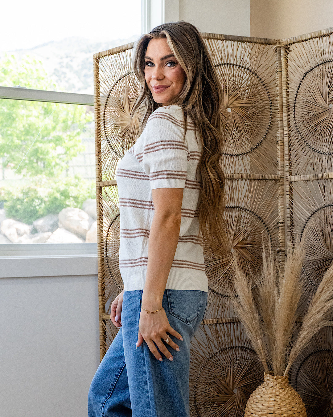 NEW! Chelsea Triple Stripe Short Sleeve Sweater - Taupe Be Cool