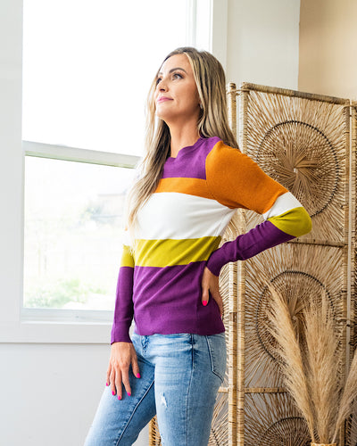 Tatiana Waffle Knit Striped Sweater - Plum, Copper & Chartreuse  Staccato   