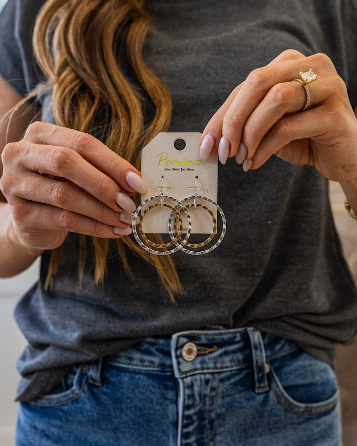 Hammered Double Circle Dangle Earrings - Color Options Available! Trendy Wholesale Silver & Gold