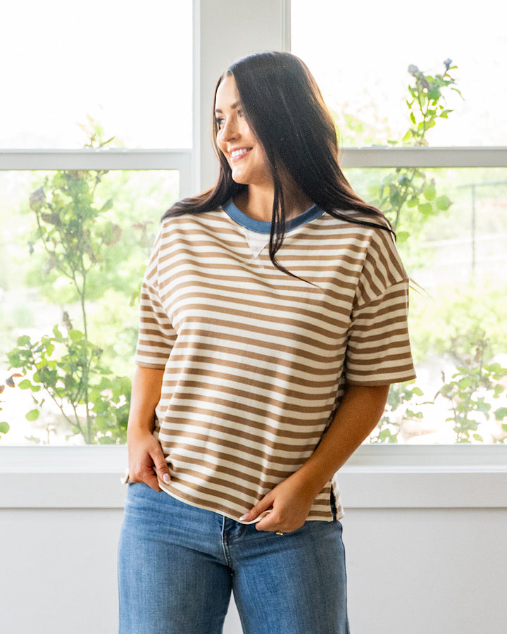 NEW! Hazel Contrast Striped Top - Tan & Blue