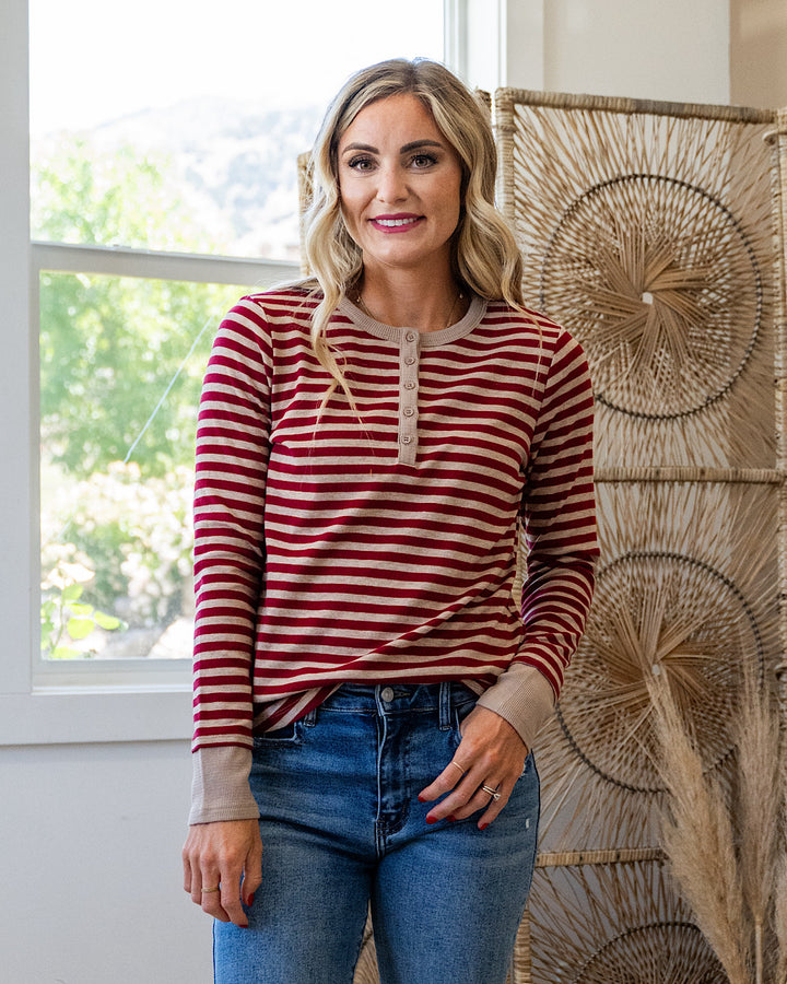Claudia Striped Henley Top - Burgundy