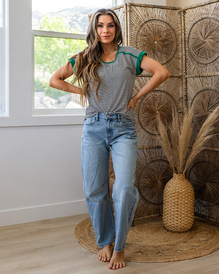It's Time Striped Drop Shoulder Top - Ivory & Green Staccato