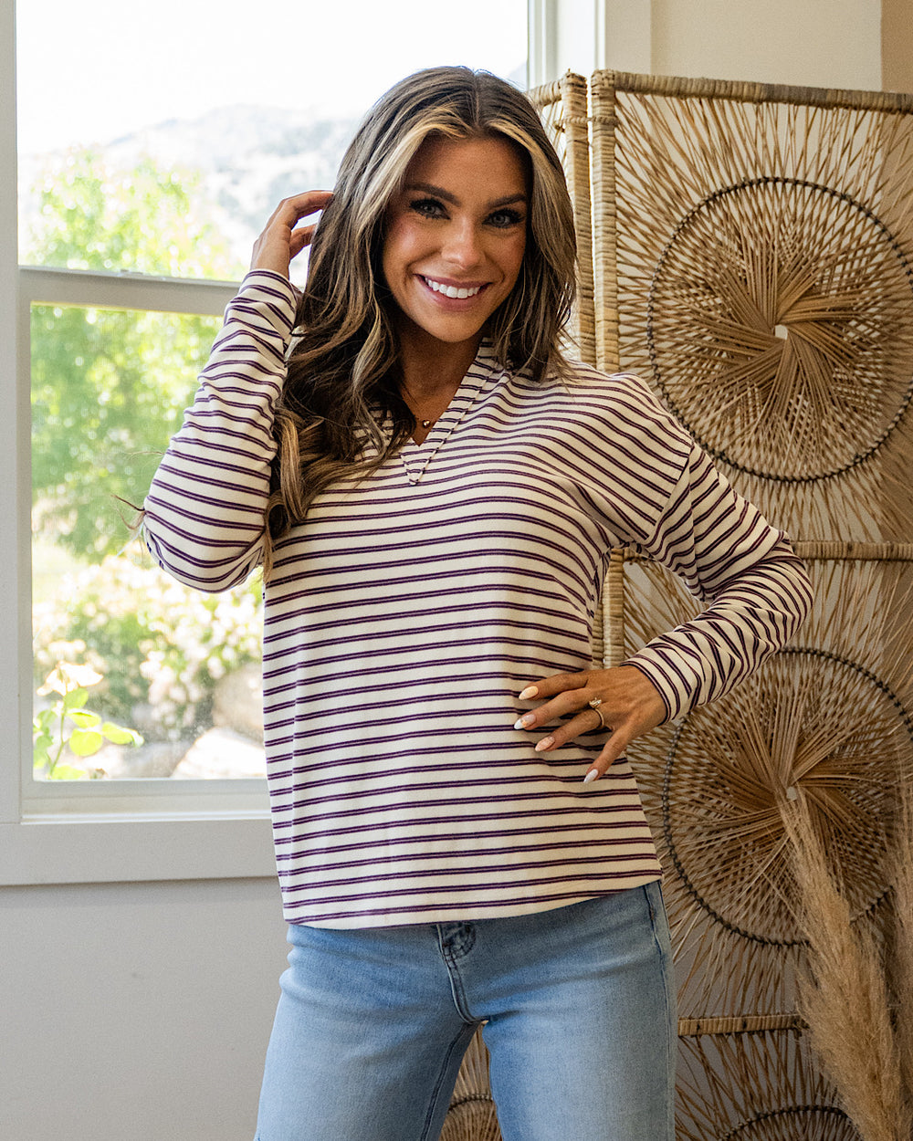 Laurel Striped V Neck Cozy Pullover - Color Options Available! Staccato Plum
