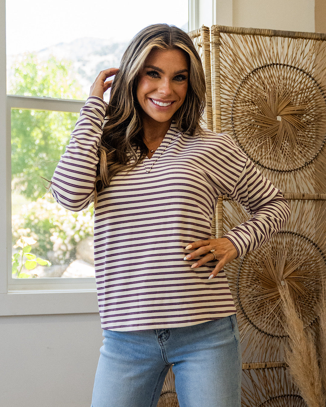 Laurel Striped V Neck Cozy Pullover - Color Options Available! Staccato Plum