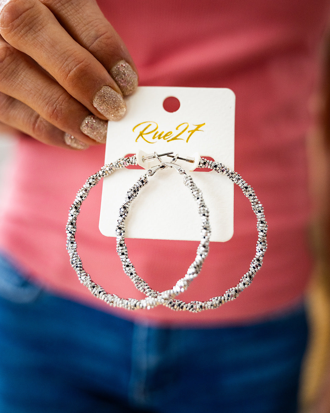 Textured Hoop Earrings - Silver Trendy Wholesale