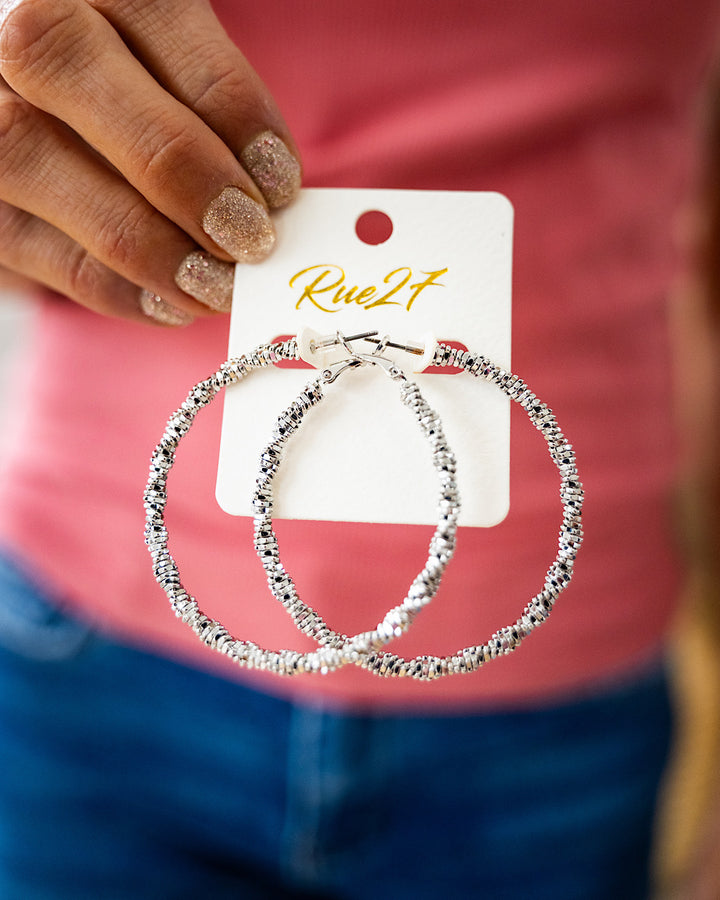 Textured Hoop Earrings - Silver Trendy Wholesale