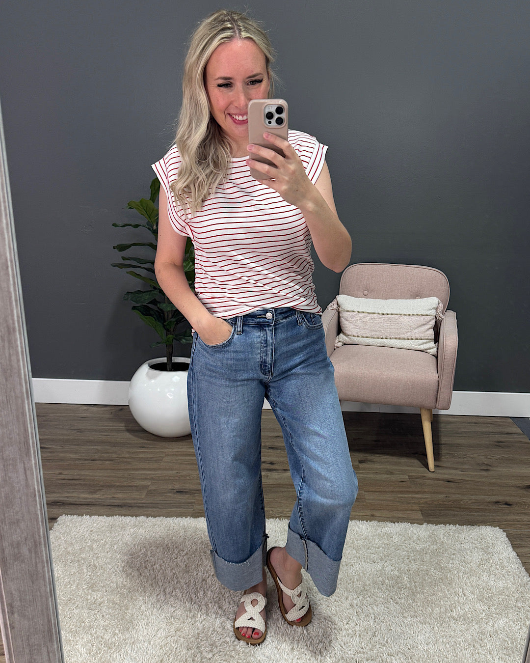 Noelle Striped Cap Sleeve Top - Ivory & Red Staccato
