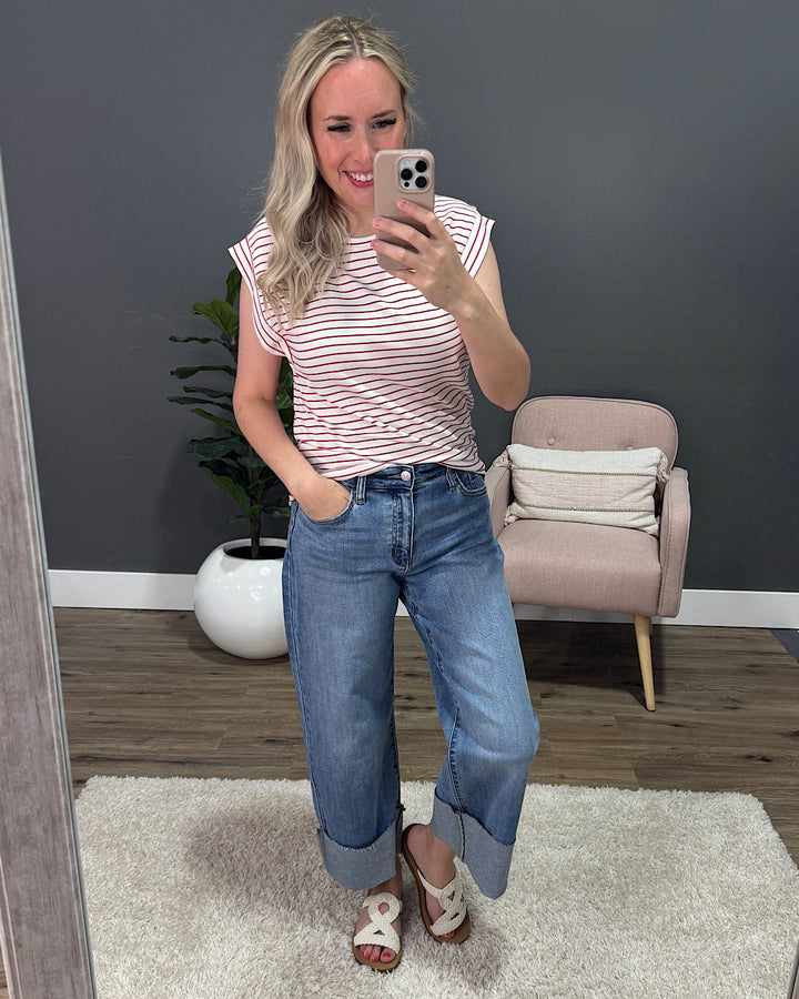 Noelle Striped Cap Sleeve Top - Ivory & Red Staccato
