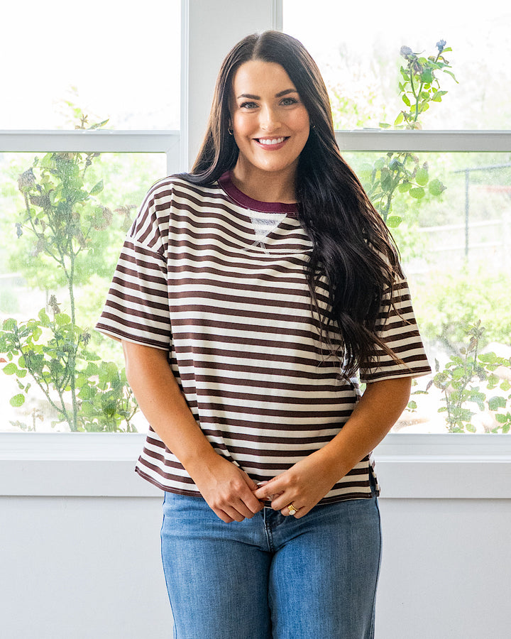 NEW! Hazel Contrast Striped Top - Dark Brown & Burgundy