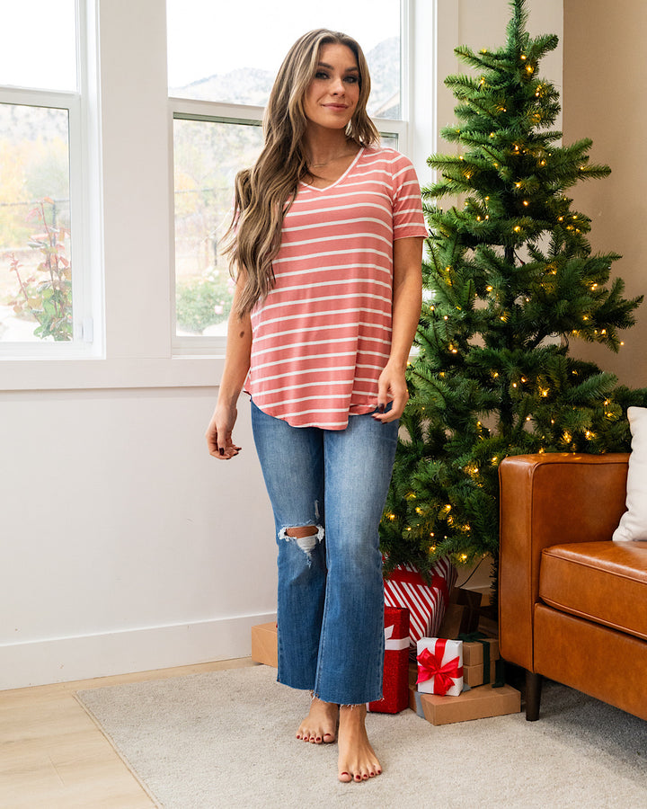 Striped V Neck Top - Ash Rose FINAL SALE Zenana