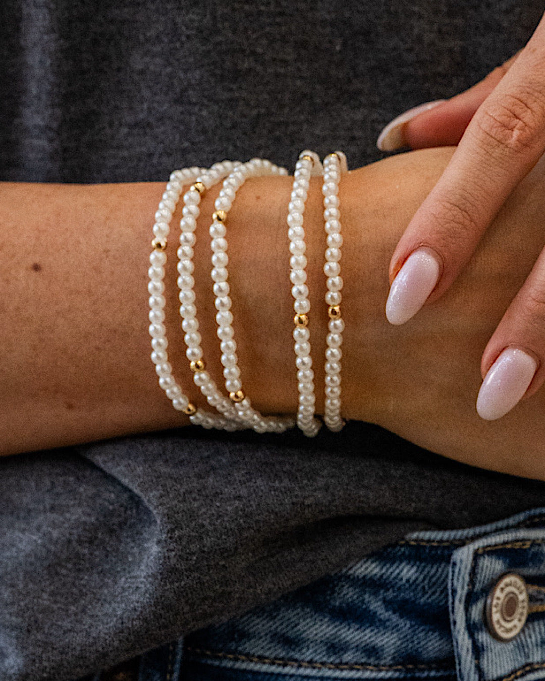 NEW! Pearl Beaded Bracelet Set with Gold Accents