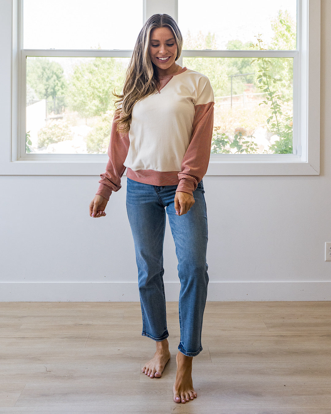 NEW! Danielle Striped Sleeve Brushed Top - Rust