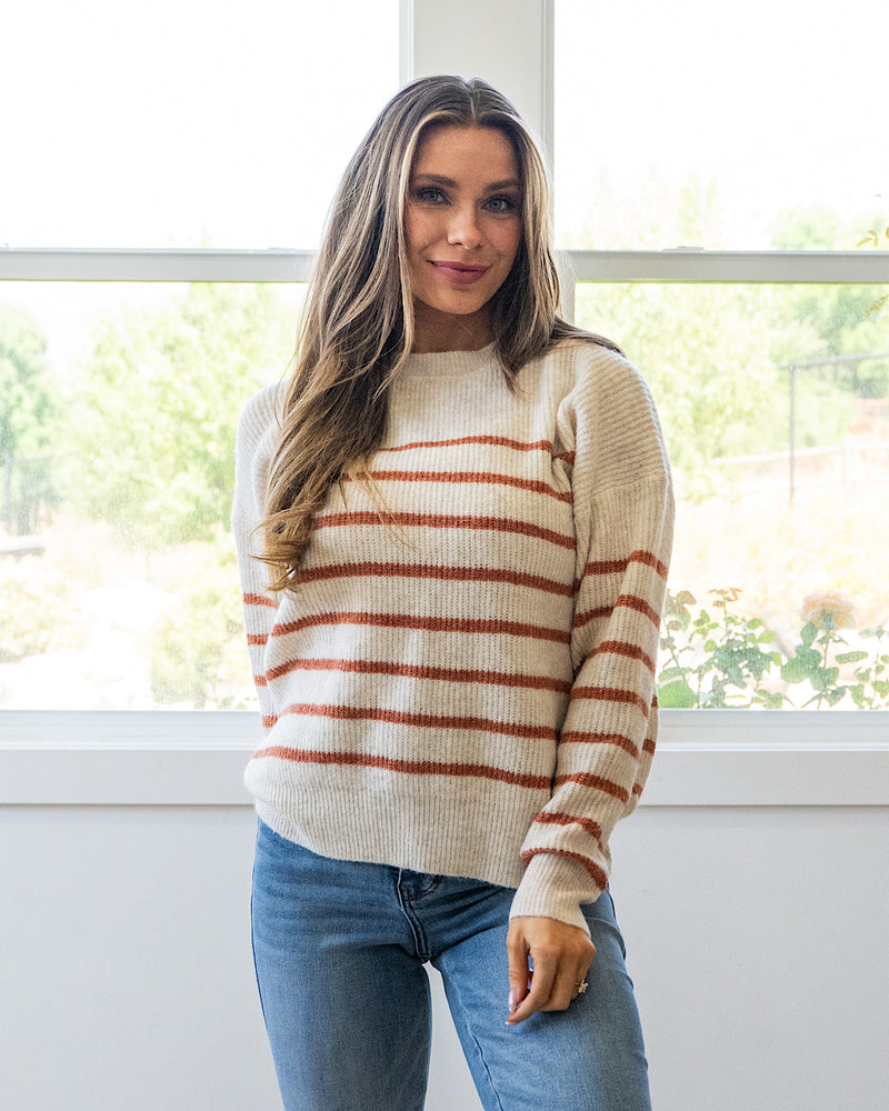 NEW! Desi Ribbed Striped Sweater - Oatmeal & Rust Staccato