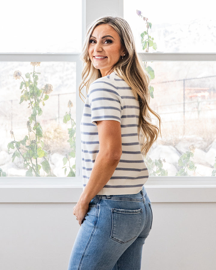 NEW! Courtney Striped Short Sleeve Cardigan - Denim Blue Be Cool