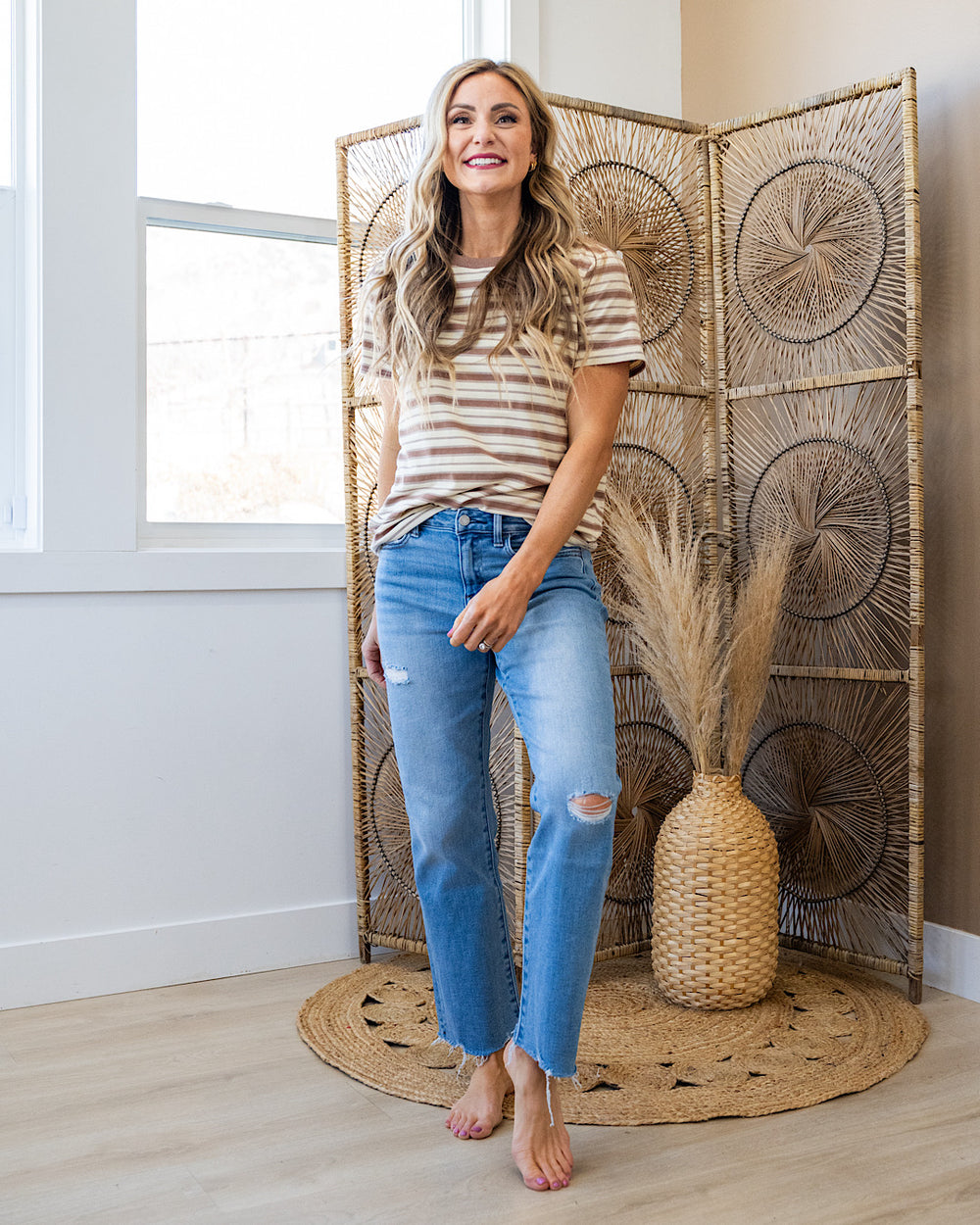 NEW! Lacy Ivory and Taupe Striped Top Tea N Rose
