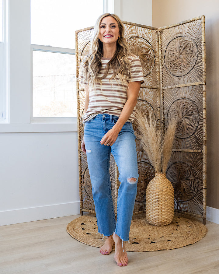 NEW! Lacy Ivory and Taupe Striped Top Tea N Rose