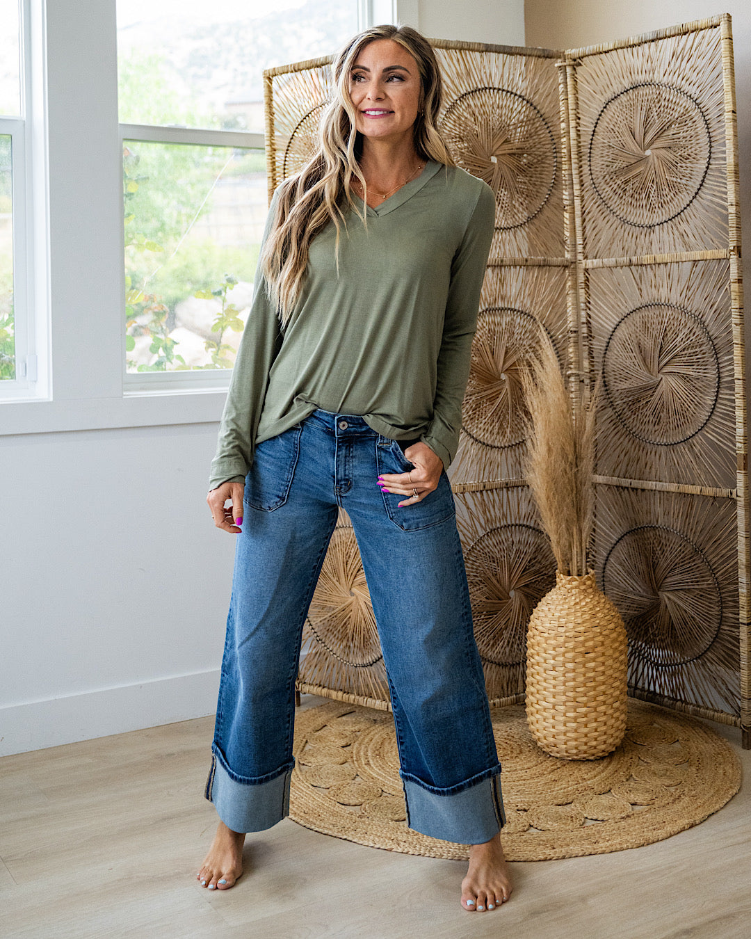 NEW! Bethany Cut Edge V Neck Top - Olive Sew In Love