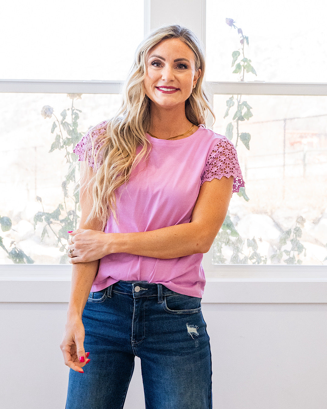 NEW! Cherilyn Crochet Sleeve Top - Lilac Staccato