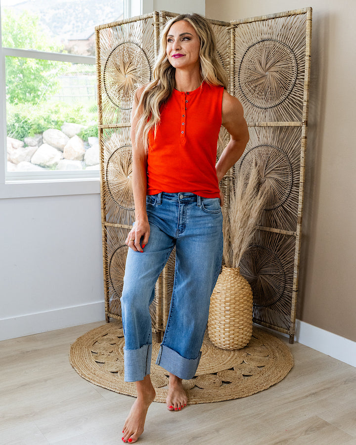 Harmony Ribbed Henley Tank Top - Tomato Hyfve