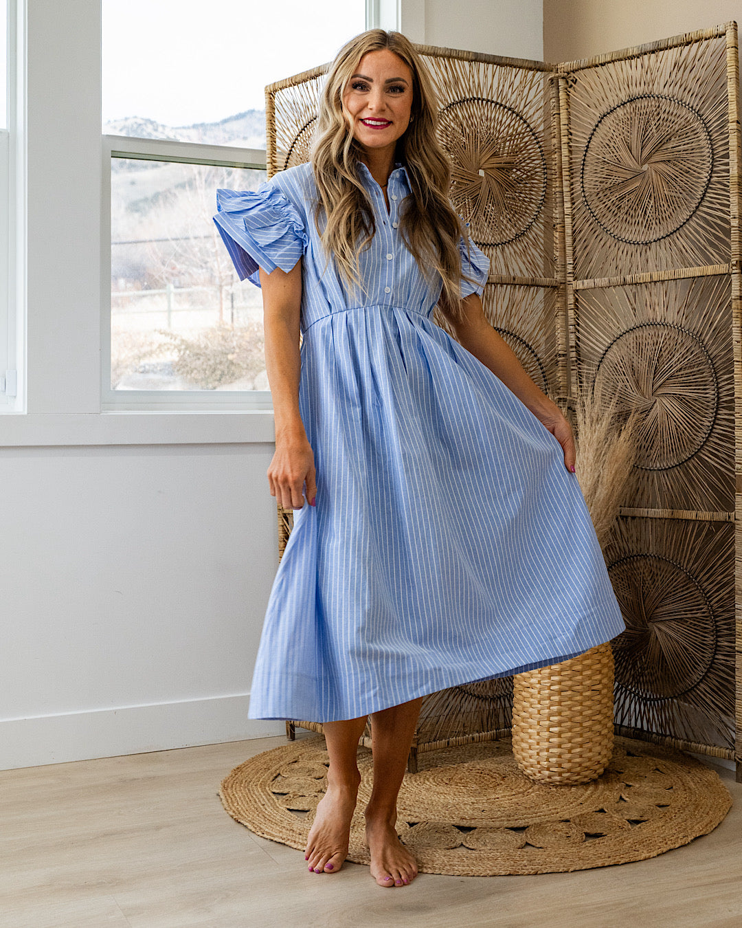 Carmine Striped Ruffle Sleeve Midi Dress - Blue Heyson