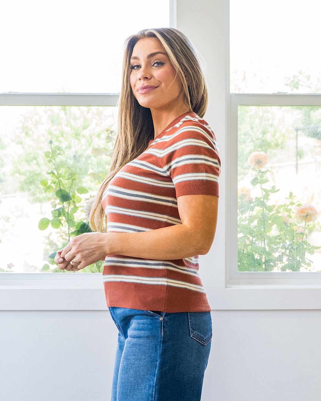 NEW! Iris Striped Short Sleeve Top  - Terracotta