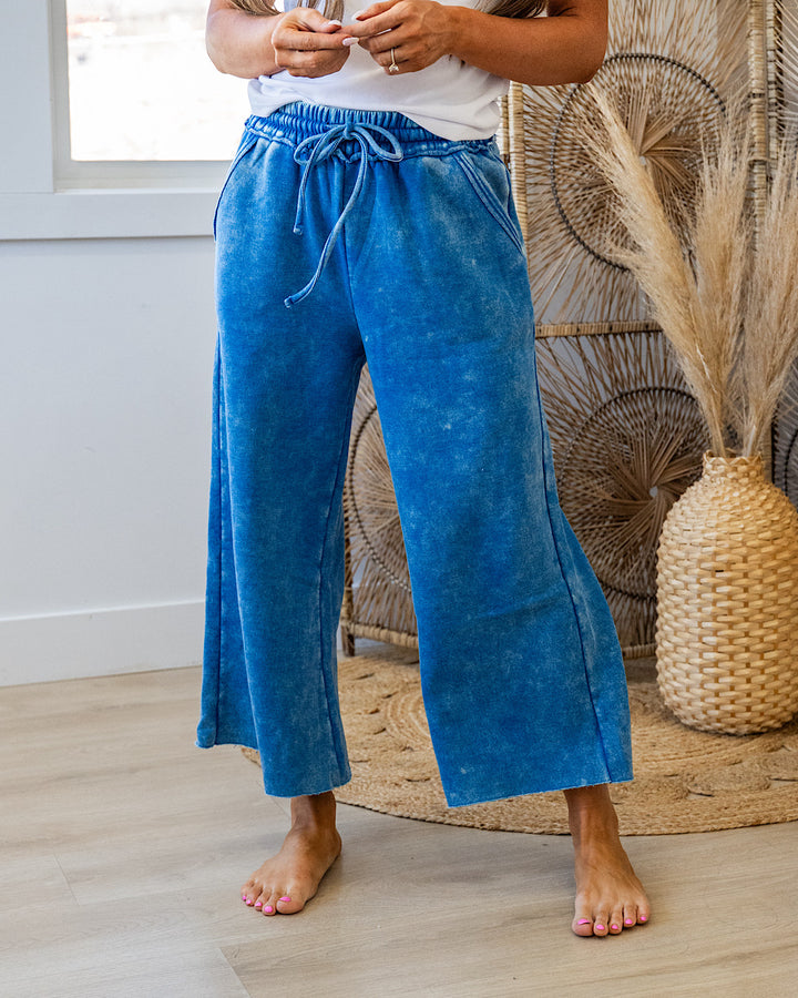 Cropped Wide Leg Comfy Pants - Classic Blue Zenana