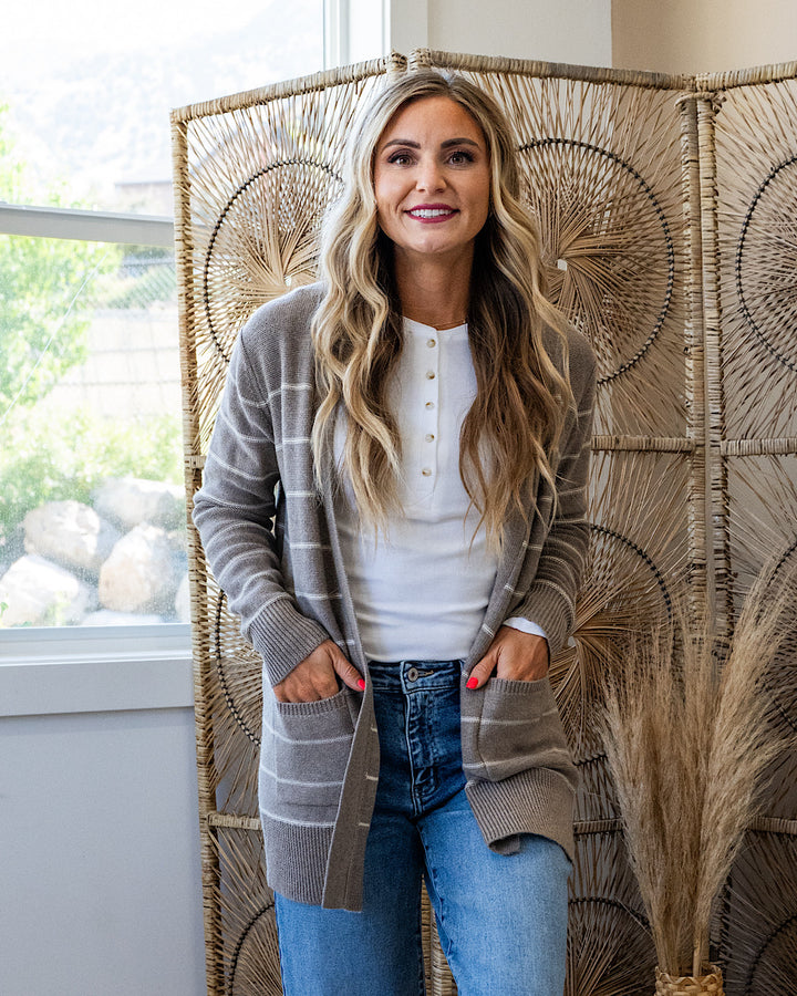 Debbie Striped Open Front Cardigan - Mocha