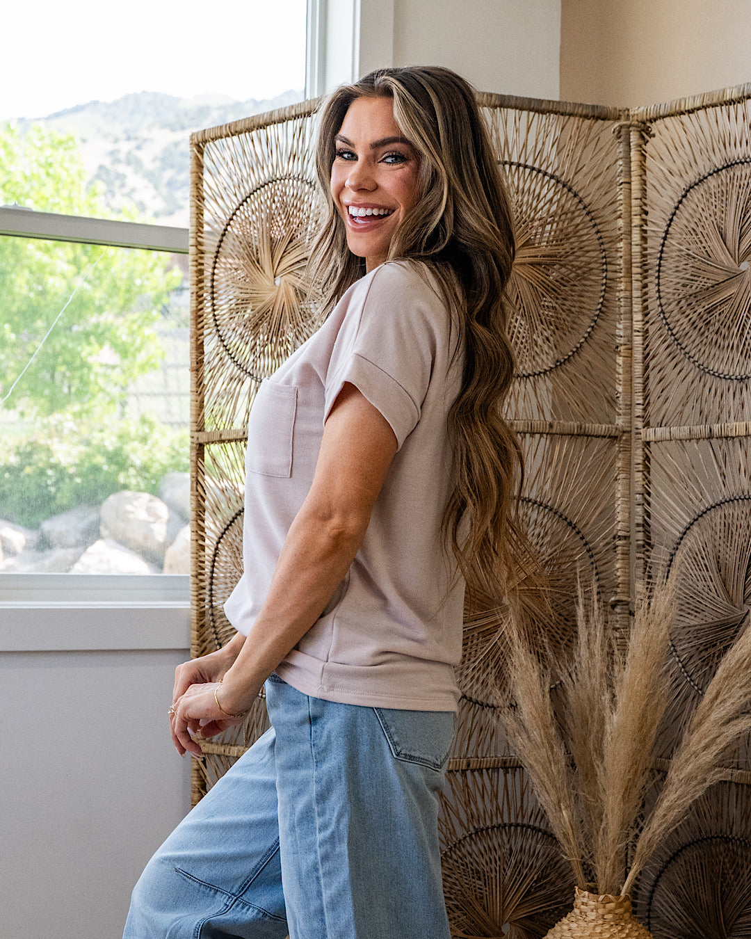 NEW! Junie Drop Shoulder Pocket Top - Taupe Staccato