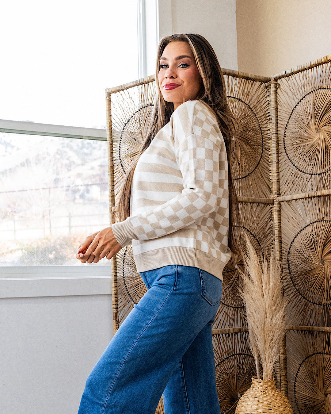 NEW! Ashley Checkered and Striped Sweater - Taupe Staccato