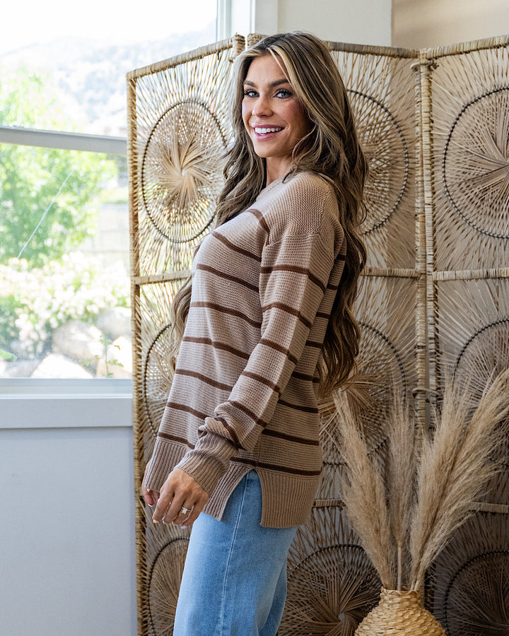 NEW! Andrea Striped Side Slit Sweater - Mocha Be Cool