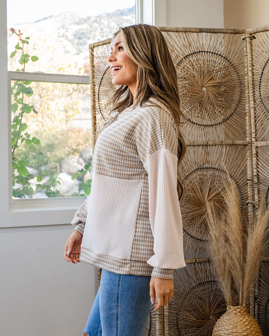 Cassie Mixed Fabric Henley Top - Taupe Lovely Melody