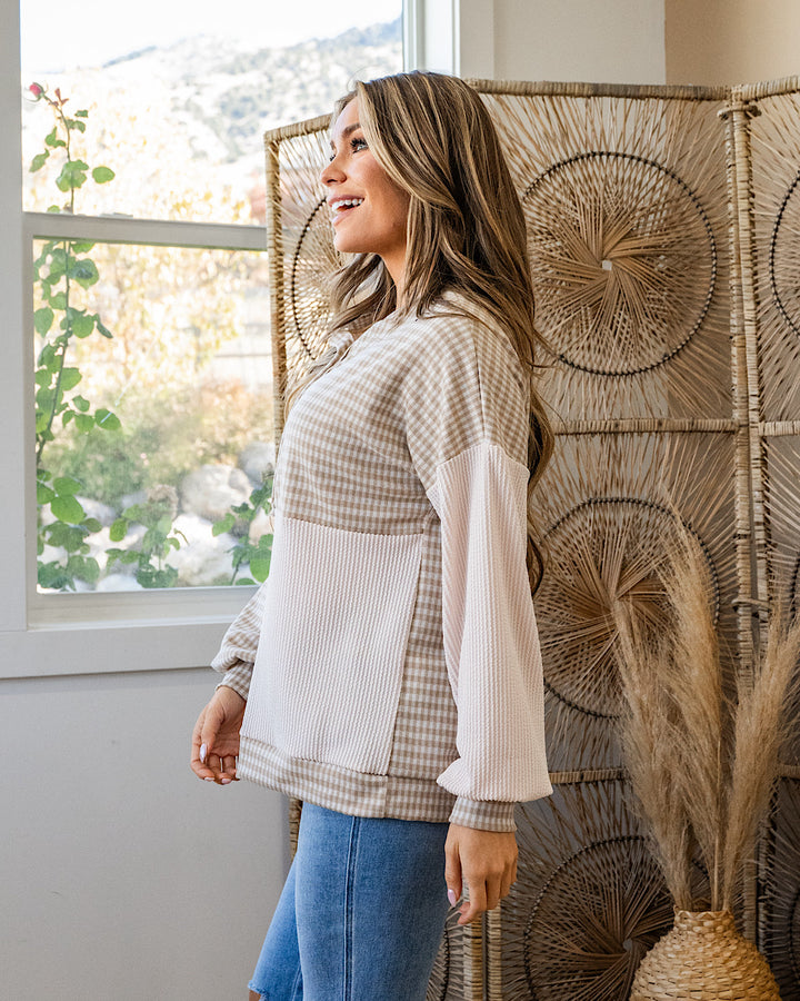 Cassie Mixed Fabric Henley Top - Taupe Lovely Melody