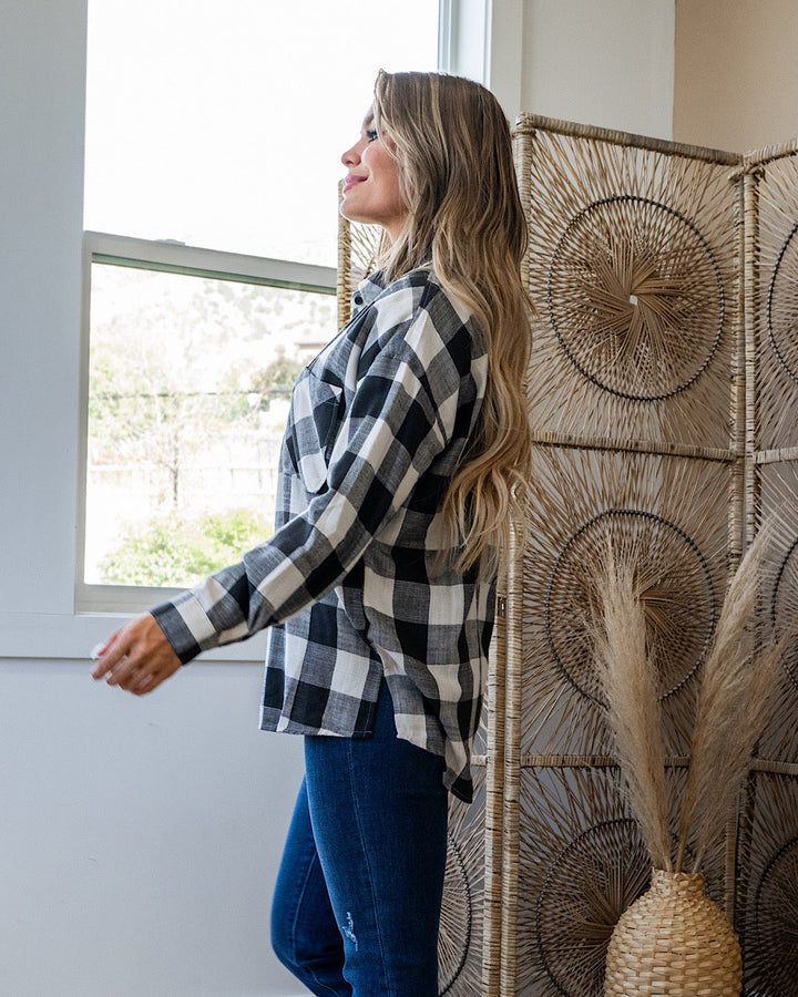 NEW! Devri Plaid Flannel Top - Black and Cream Be Cool