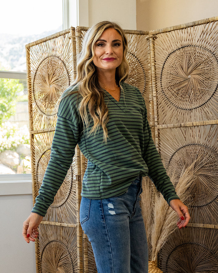 NEW! Laurel Striped V Neck Cozy Pullover - Sage Staccato