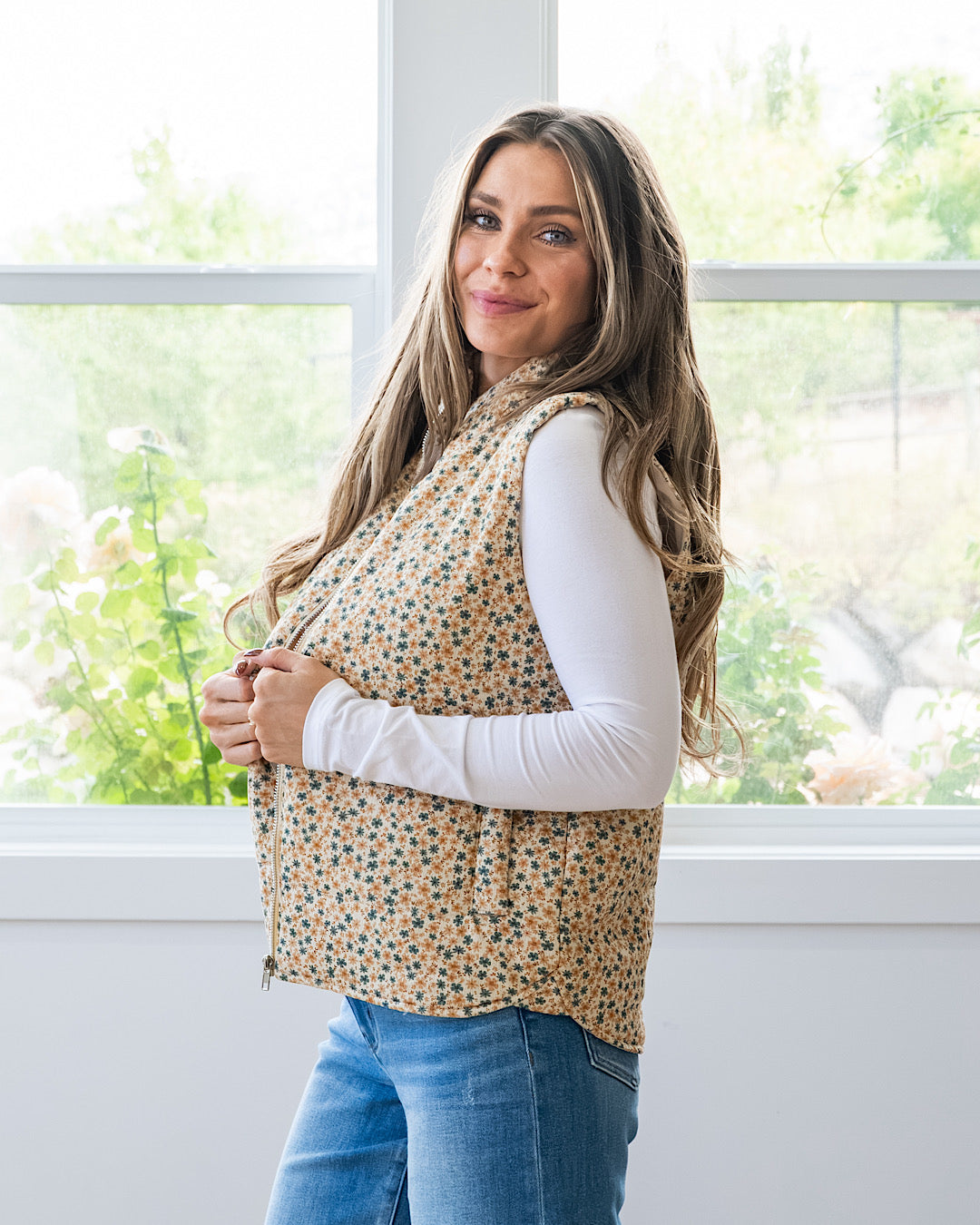 NEW! Juliana Floral Print Corduroy Vest - Cream & Gold