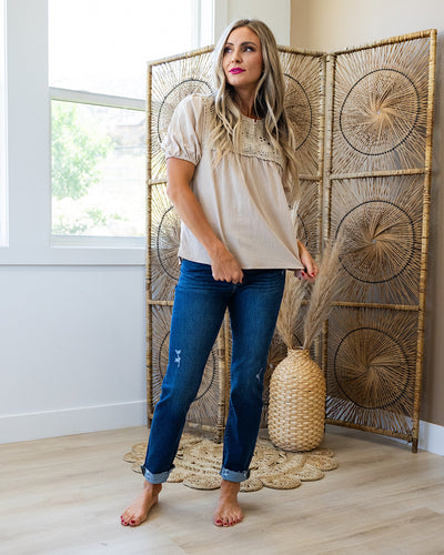 Renee Crochet Detail Split Neck Top - Natural Beige  Lovely Melody   