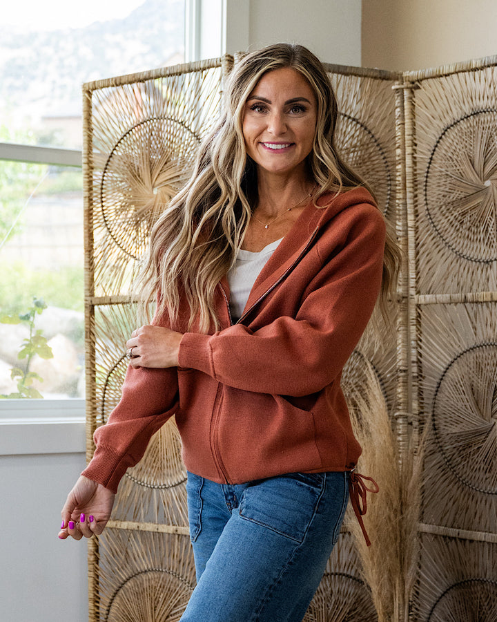 NEW! Brynn Drawstring Hem Zip Up Sweater Hoodie - Copper Staccato