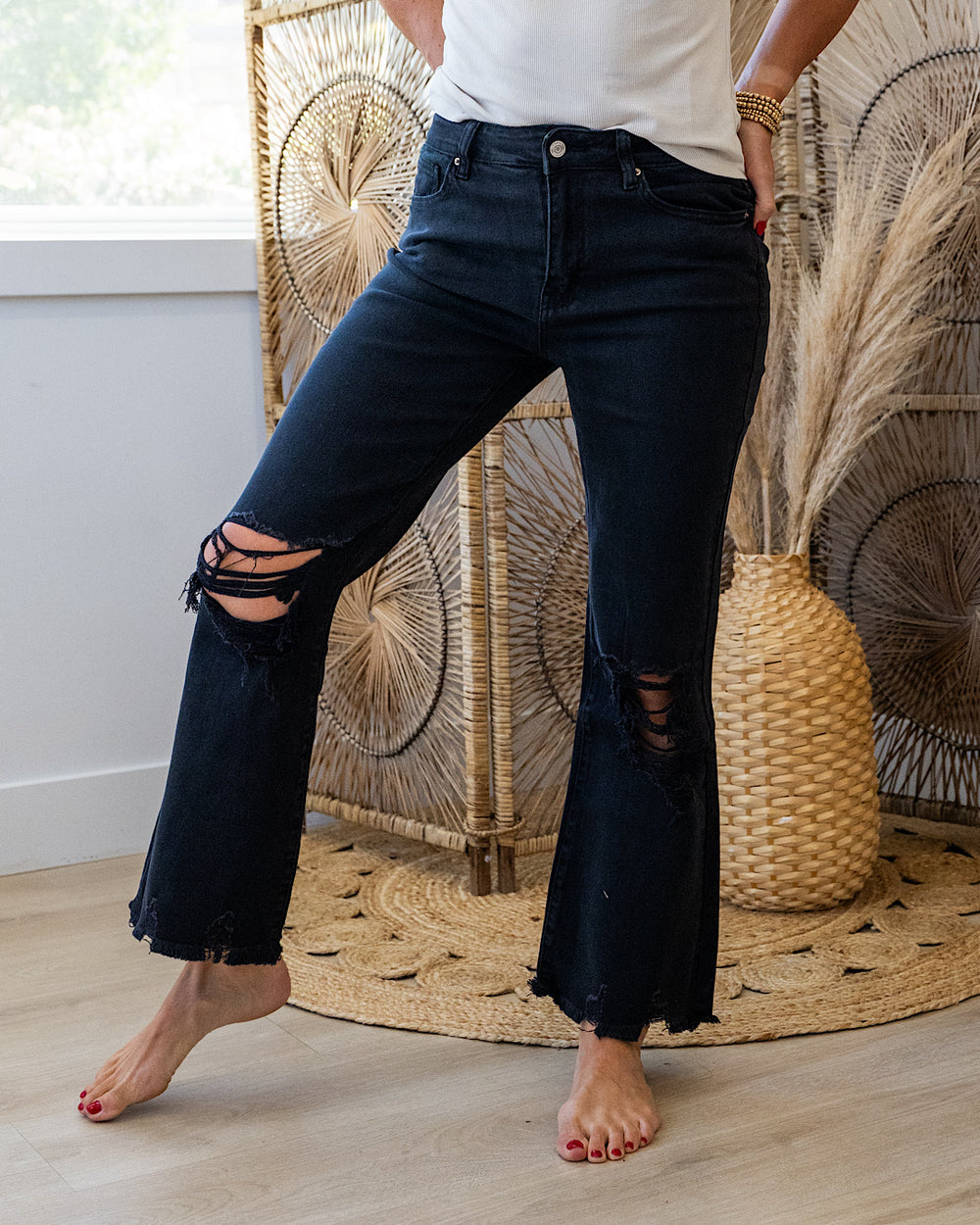 NEW! Gia Wide Leg Distressed Cropped Jeans - Black Zenana
