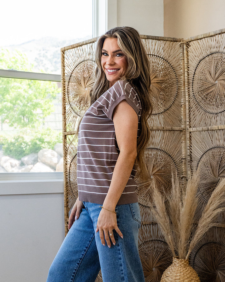 NEW! Allie Striped Short Sleeve Sweater - Dark Mocha Staccato