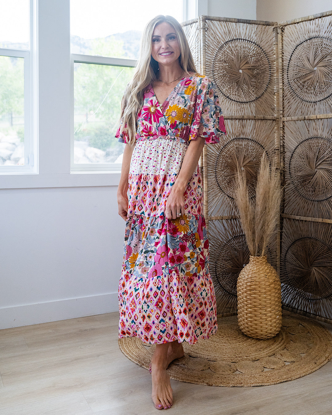 Alyssa Mixed Pattern Floral Midi Dress - Rose Bibi