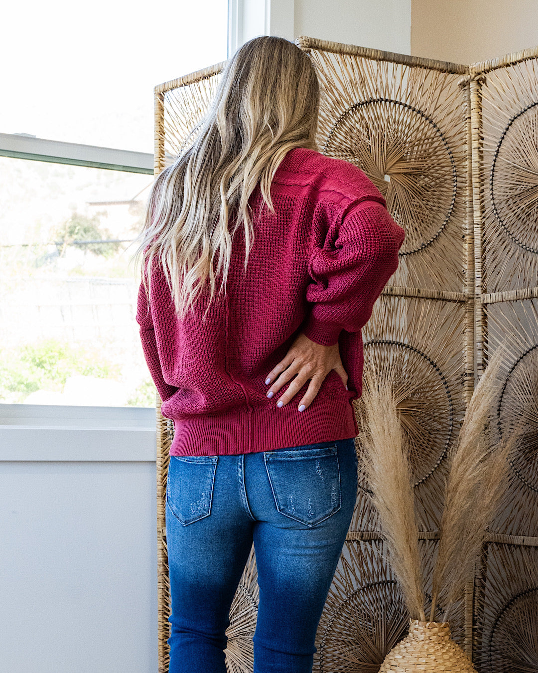 NEW! Evie Oversized Textured V Neck Sweater - Tibetan Red  Heyson   