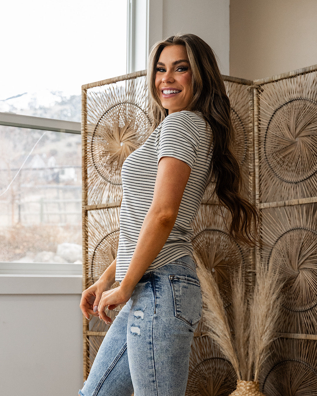 NEW! Shauna Striped Short Sleeve Top - Cream & Black Thread & Supply