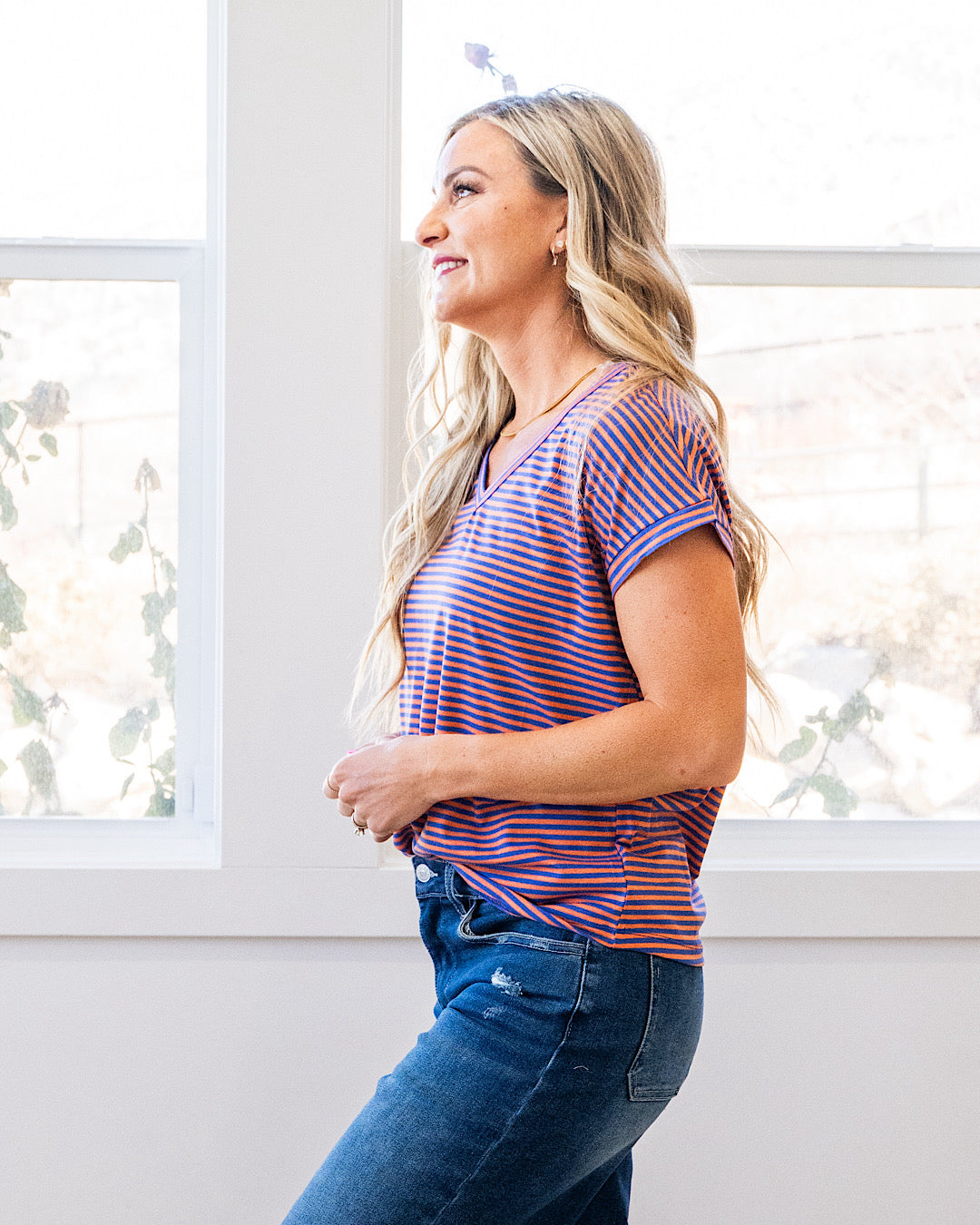 NEW! Nadia Striped V Neck Top - Orange & Royal Staccato