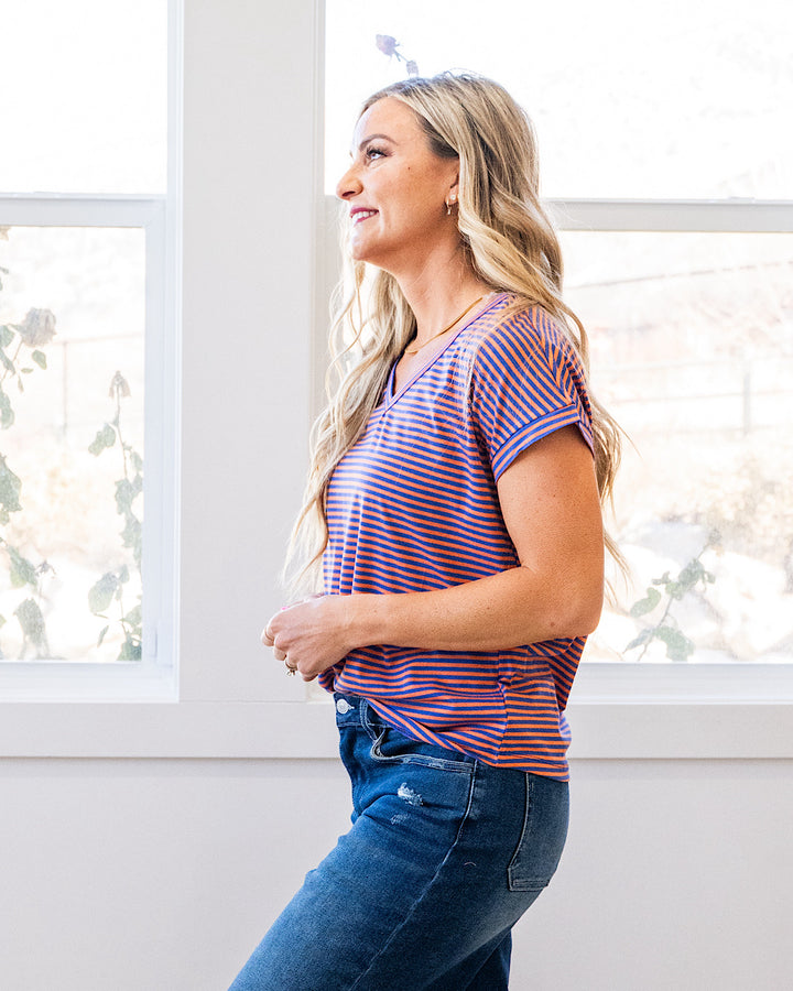 NEW! Nadia Striped V Neck Top - Orange & Royal Staccato