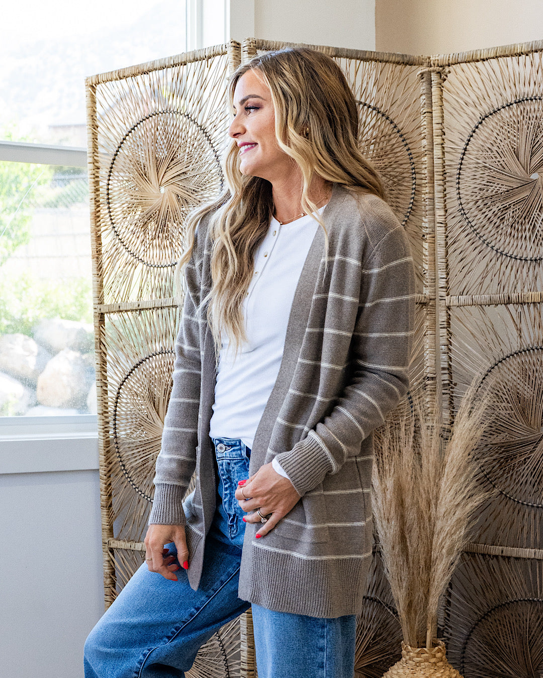 Debbie Striped Open Front Cardigan - Mocha